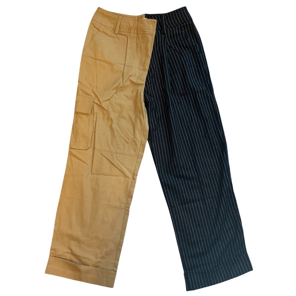 Choosy Two Tone Split Leg Cargo Pinstripe Trousers Tan Black Size 2 Streetwear - Picture 3 of 11